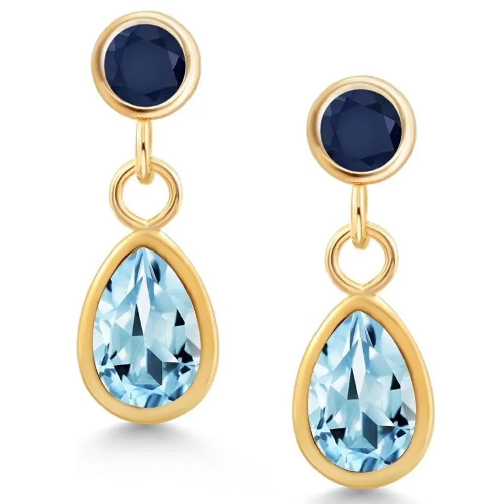 14K Yellow Gold with 1.30 Cttw Sky Blue Topaz and Navy Blue Sapphire Earrings